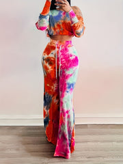 Tie Dye Two piece Set Long Sleeve Crop Top & Wide Leg Pants Outfit