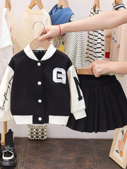 2pcs Girls Baseball Jacket and Pleated Skirt Set for Spring and Fall