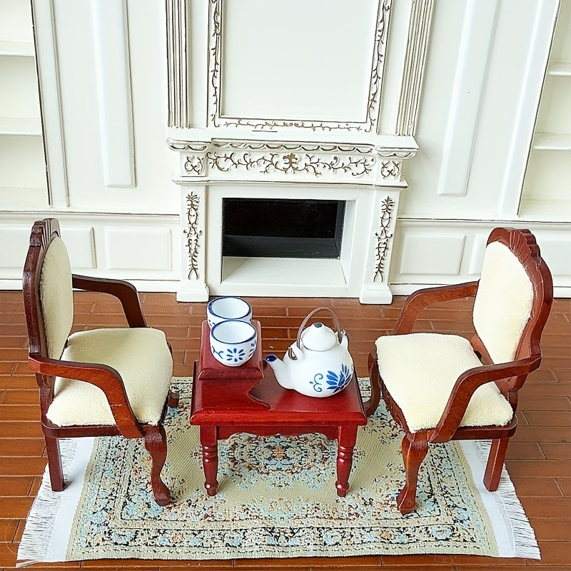 Dollhouse Vintage Red Wooden Armchair Coffee Table Set of Three