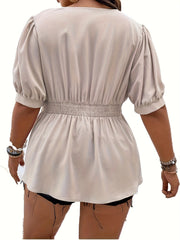 Casual Blouse Women's Plus Solid Button Decor Puff Sleeve V Neck Shirt