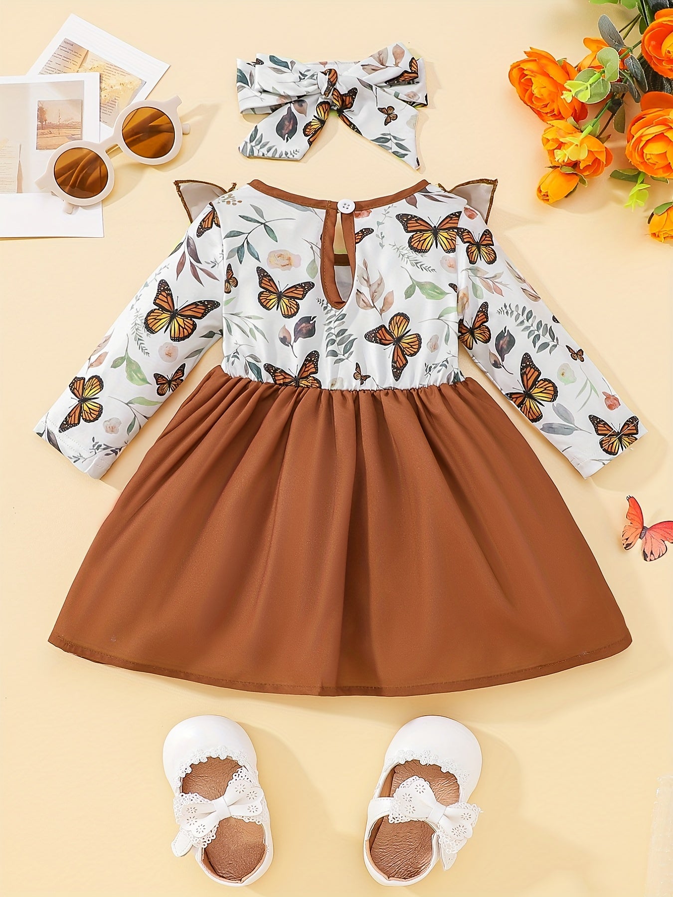 Baby Girls Butterfly Print Big Bow Dress Headscarf 2pcs Suit