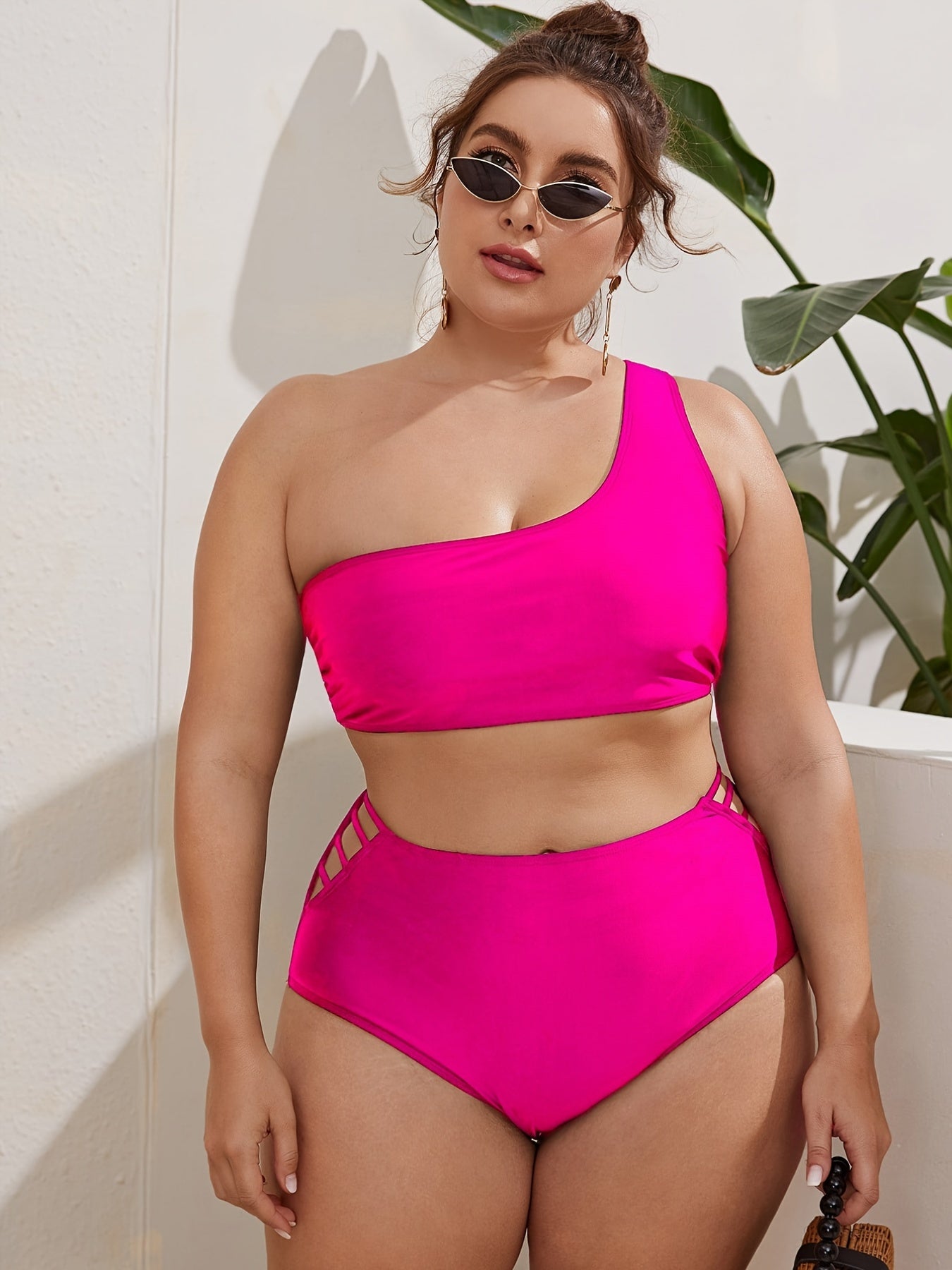 One Shoulder Cut Out Bikini Set Women's Plus Medium Stretch Solid Swim