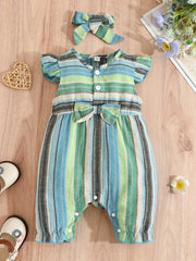 Baby Girls Striped Ruffled Romper & Headband Set