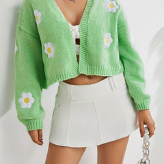 Y2K Floral Embroidered Knit Cardigan Open Front Long Sleeve Cropped Sweater