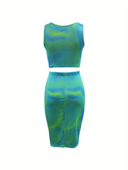 Sexy Tie Dye Two Piece Skirt Set Crop Tank Top & Bodycon Skirt Outfits