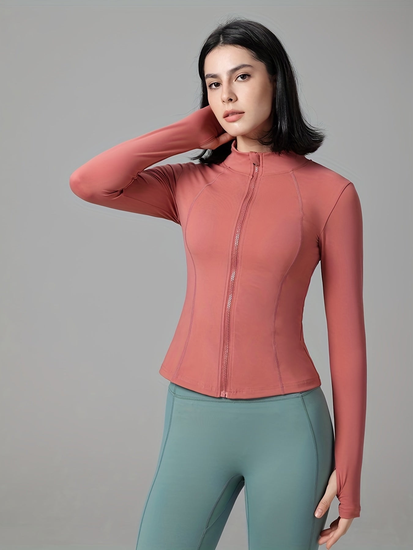 Solid Crew Neck Full Zipper Yoga Sports Jacket