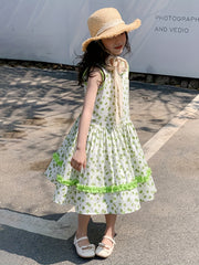 Girls Floral One piece Dress Sleeveless Crew Neck Princess Dress