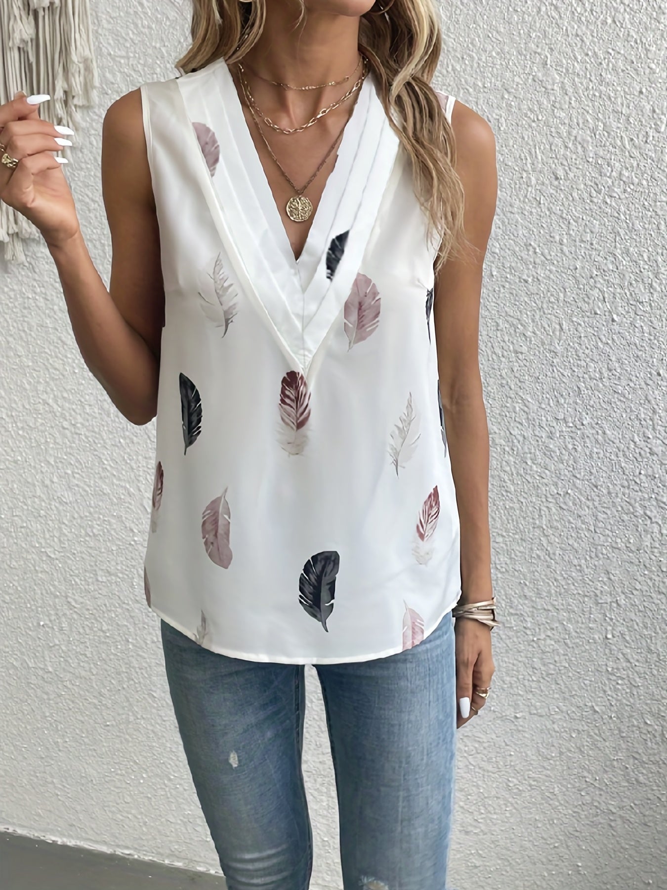 Feather Print V Neck Tank Top Sleeveless Casual Summer Women's Clothing