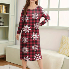 Snowflake Print NightDress Christmas Long Sleeve Plaid Pajama Dress