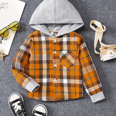 Girls Plaid Hooded Button Down Jacket Shirt Kids Autumn Outfit