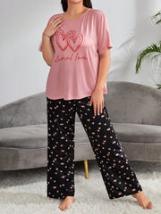 Heart & Letter Print Pajama Set Women's Tee & Pants
