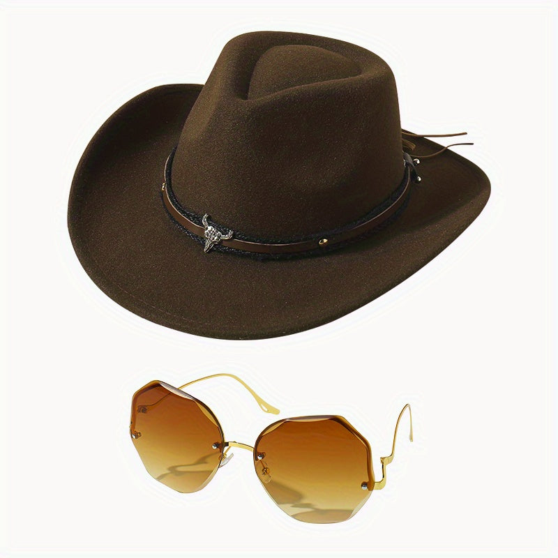 Western Cowboy Hat Glasses Set Belt Decor Fedora Cap & Gradient Sunglasses