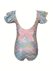 Girls Fish Scale Ruffle Trim Swimsuit for Vacation