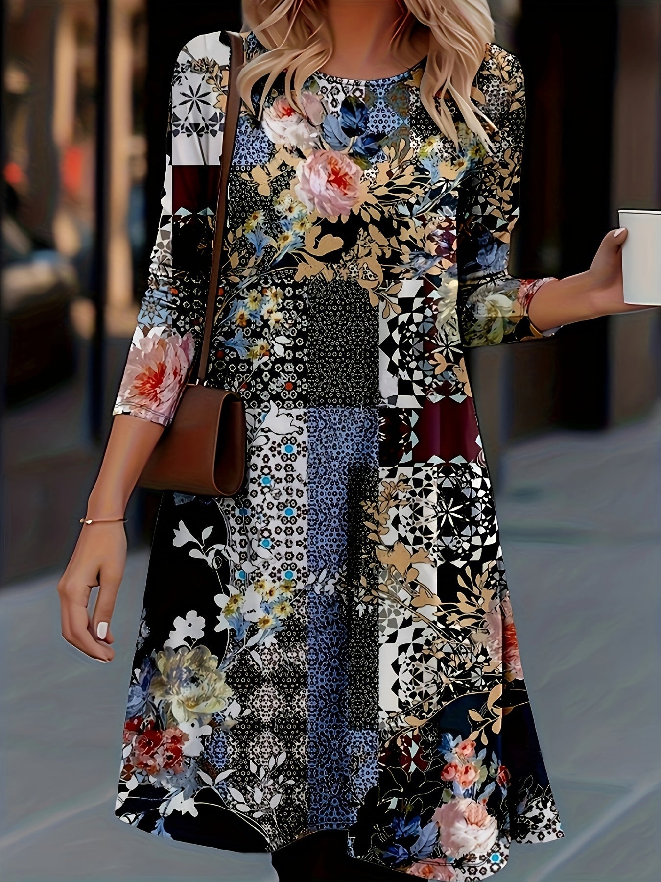Boho Patchwork Print Long Sleeve Mini Dress