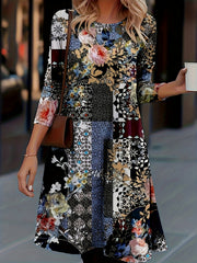 Boho Patchwork Print Long Sleeve Mini Dress