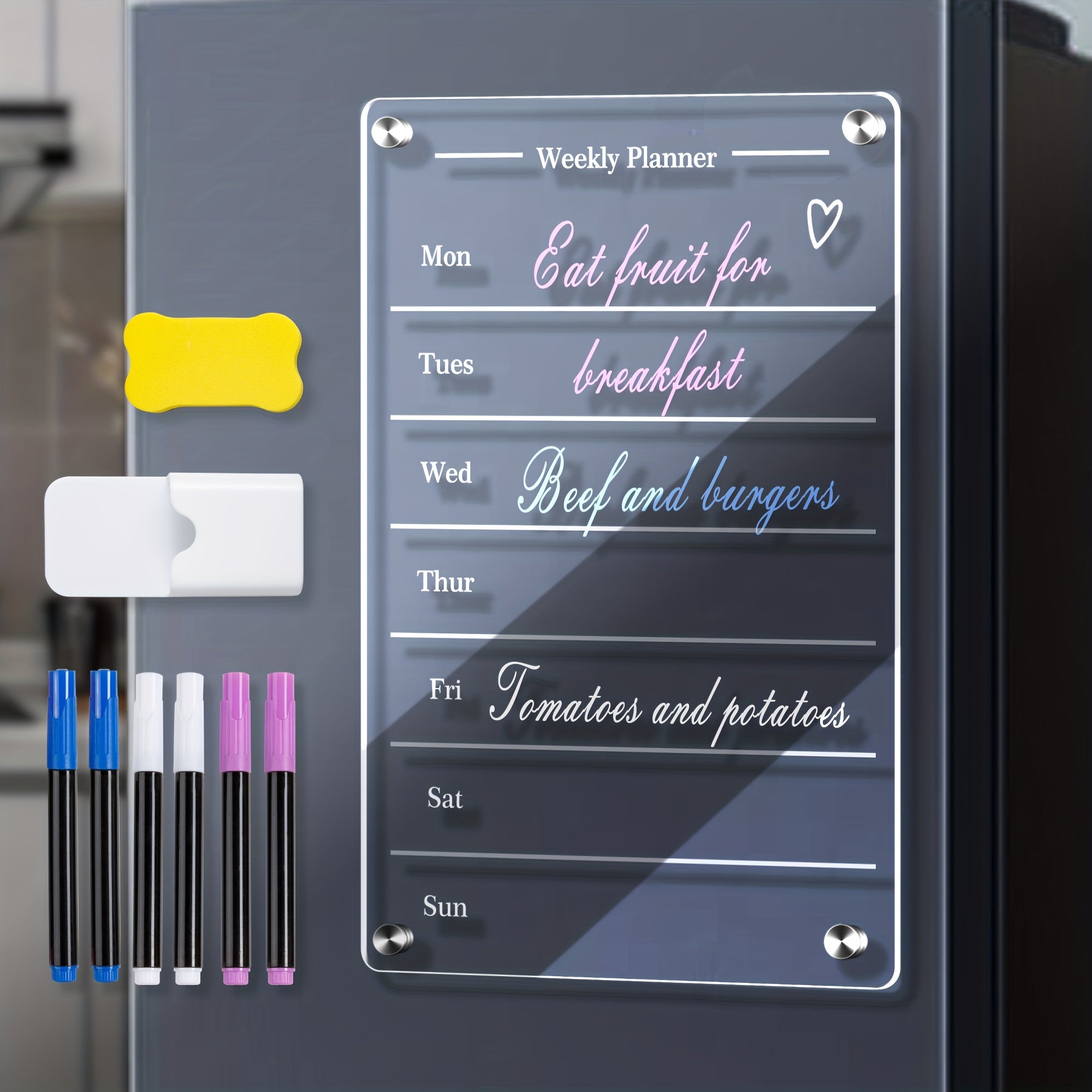 Acrylic Magnetic Weekly Calendar For Fridge - Clear Dry Erase Board