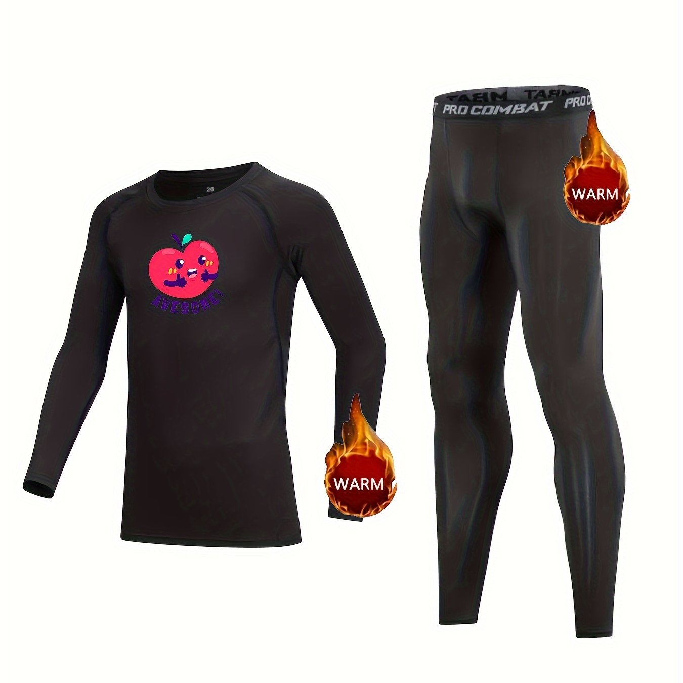2pcs Kids Compression Fleece Sets Crew Neck Pullover Matching Pants Body con Bot