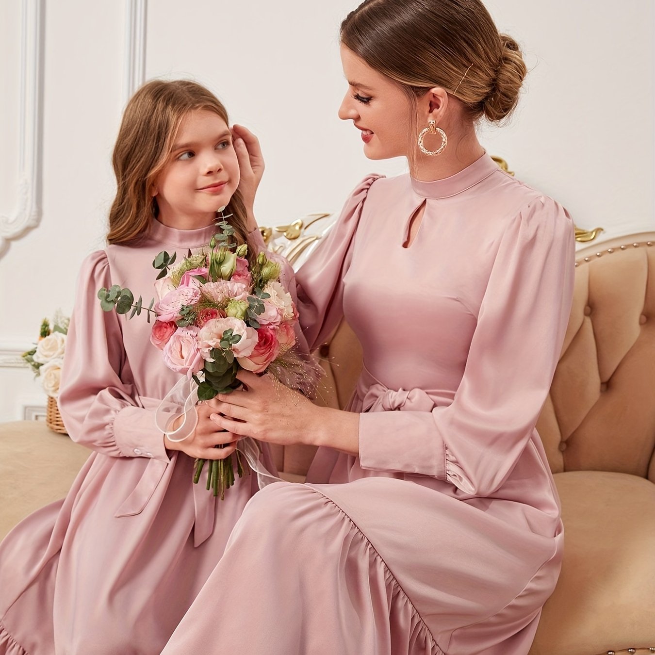 Stylish Family Matching Dress Casual Solid Long Sleeve Family Dress