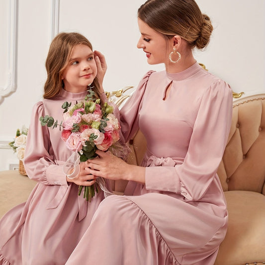 Stylish Family Matching Dress Casual Solid Long Sleeve Family Dress