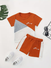 2pcs Boys Teen Casual Block T Shirt & Shorts Set For Summer