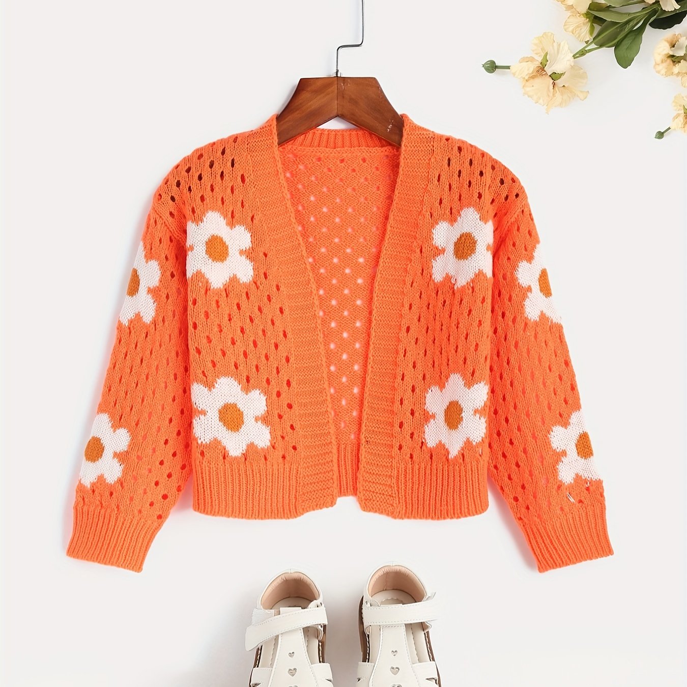 Girls Flower Jacquard Sweater Cardigan Long Sleeve Sweater Coat