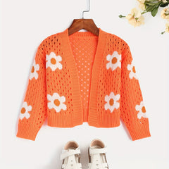 Girls Flower Jacquard Sweater Cardigan Long Sleeve Sweater Coat