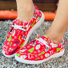 Women's Christmas Cartoon Print Skateboard Shoes Lightweight Low Top Red