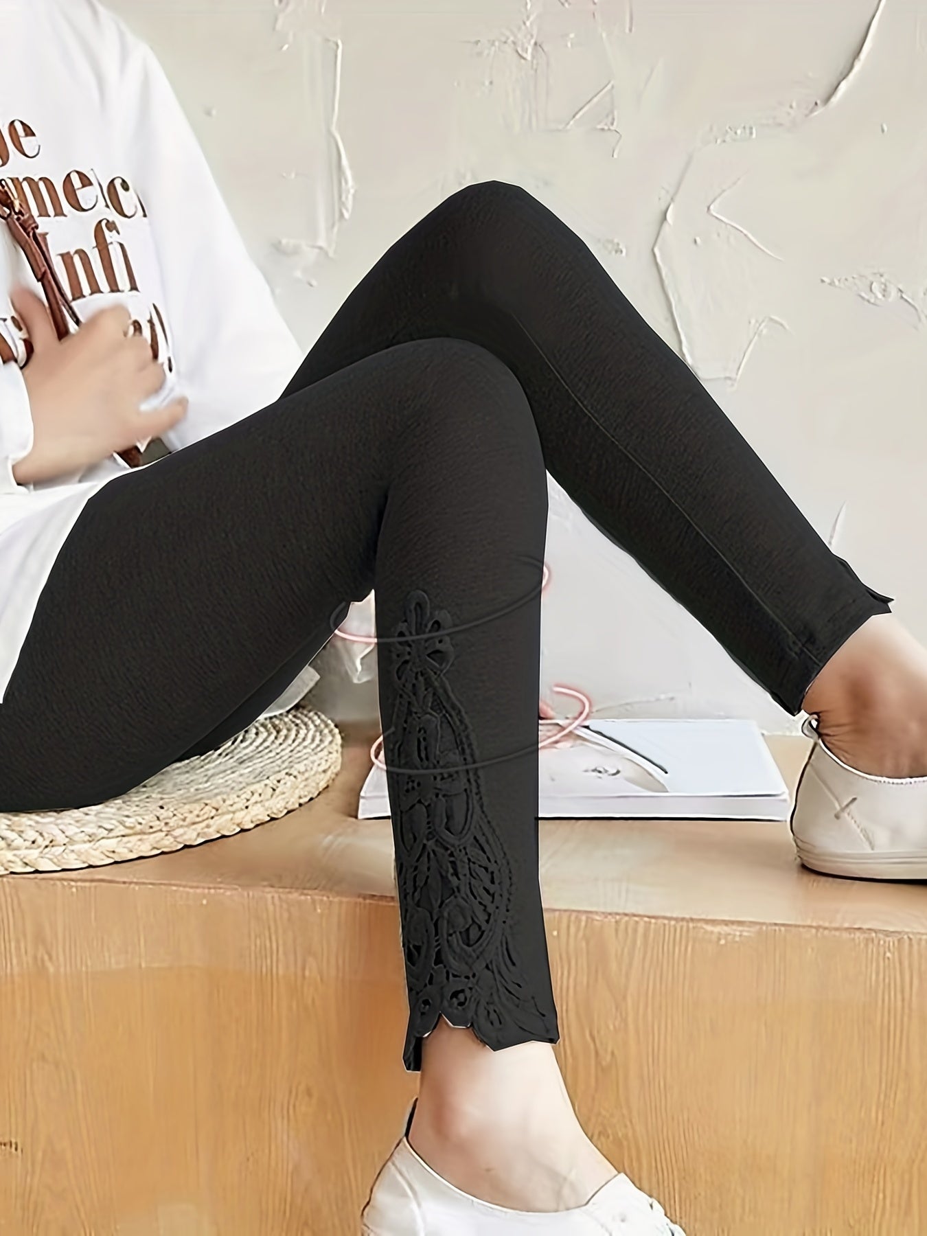 Floral Lace Panel Skinny Leggings Stretchy Casual Leggings