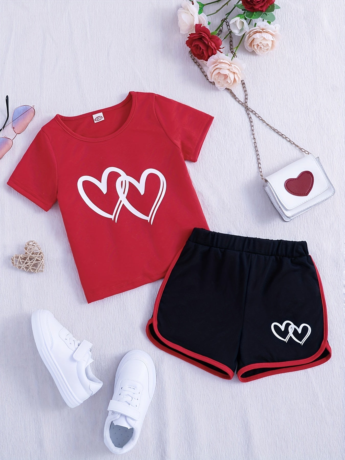 2pcs Toddler Girls Heart Graphic T Shirts & Track Shorts Set