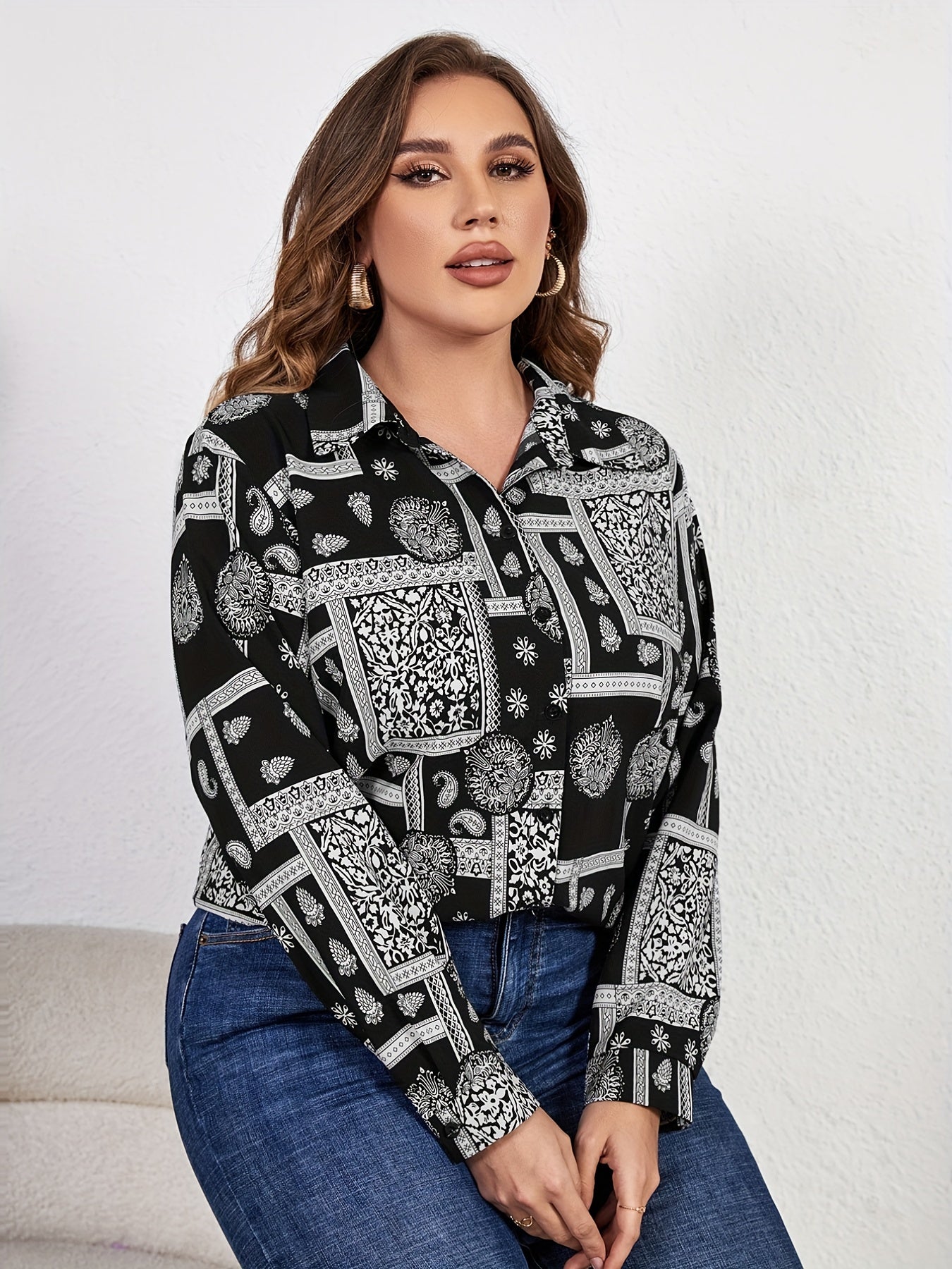 Boho Blouse Women's Plus Paisley & Scarf Print Long Sleeve