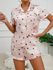 Heart Print Pajama Set Short Sleeve Top & Shorts Women's Sleepwear