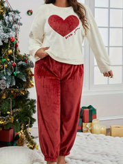 Heart Pattern Fleece Top & Joggers Pajamas Set