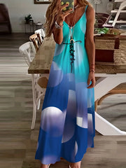Colorblock Sunflower & Butterfly Print V Neck Maxi Dress