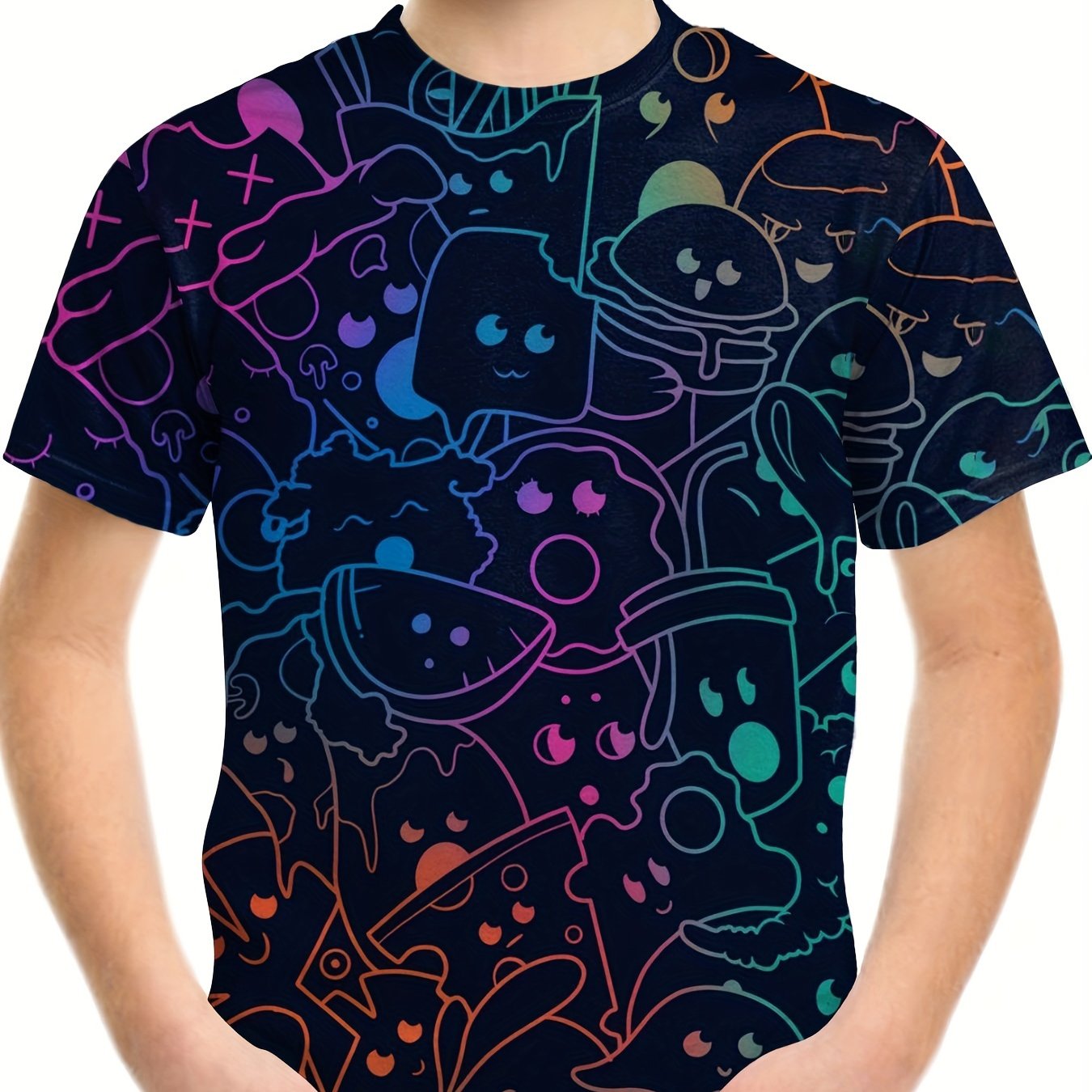 Gradient Cartoon Line Print Boy's Casual Short Sleeve T-shirt