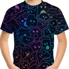 Gradient Cartoon Line Print Boy's Casual Short Sleeve T-shirt