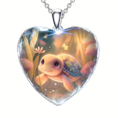Little Turtle With Flower Animal Detail Heart Pendant Necklace
