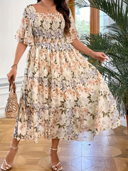 Women's Plus Floral Print Square Neck Maxi Dress