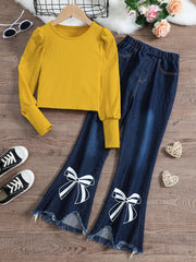 Girl's Denim Outfit 2pcs Top & Flared Jeans Set for Spring Fall