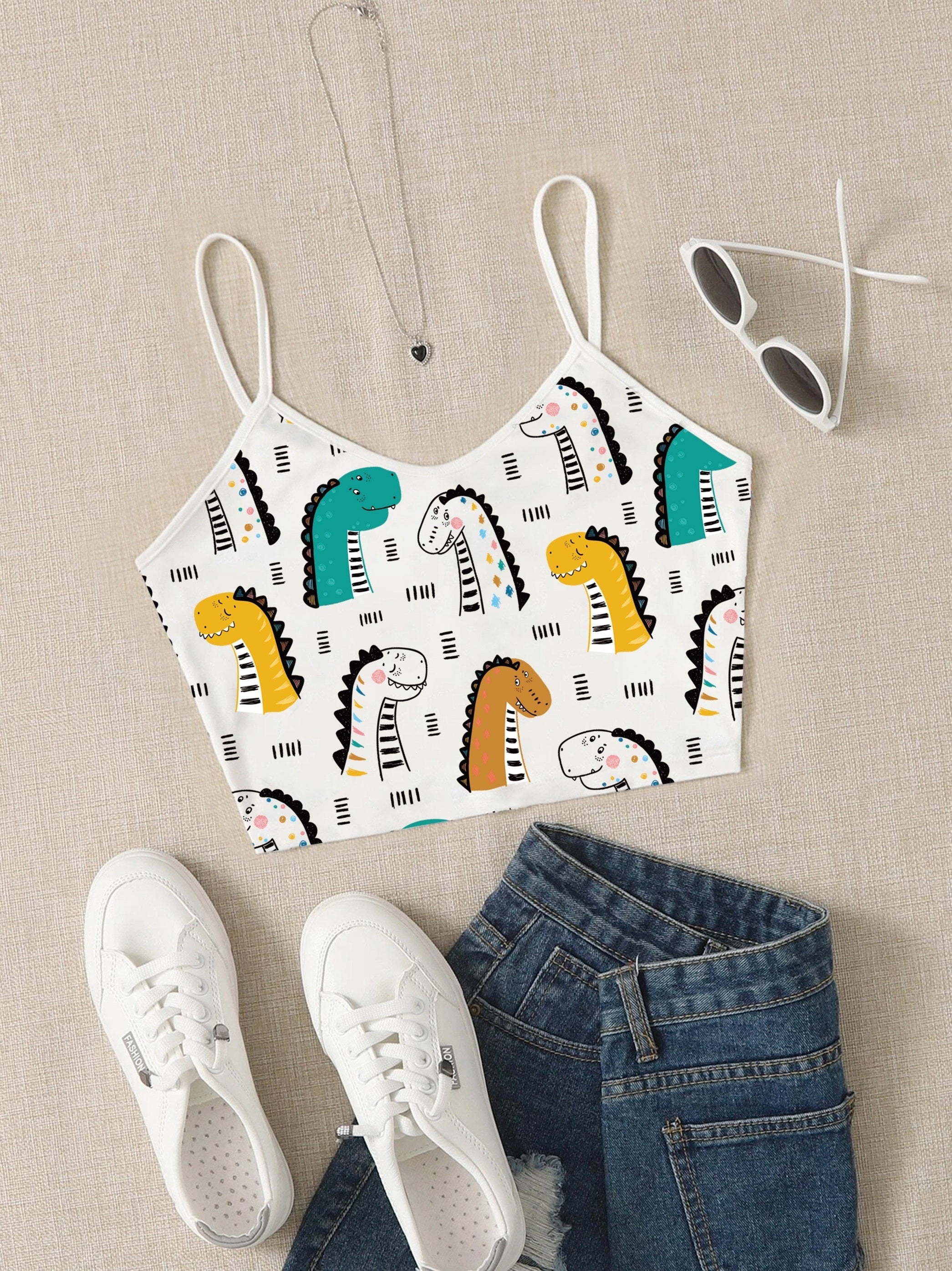 Dinosaur Print Crop Cami Top V Neck Spaghetti Strap Top