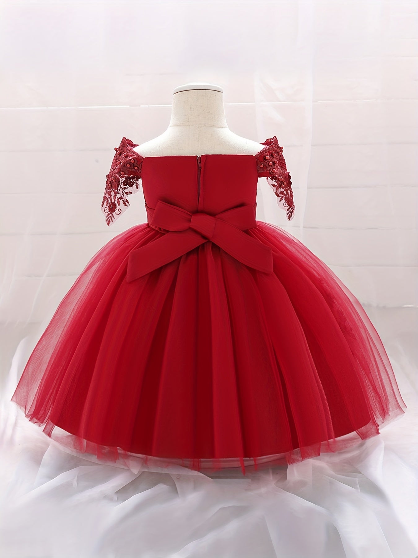 Baby Girls Gown Dress Floral Embroidery Off The Shoulder Mesh Princess Dress