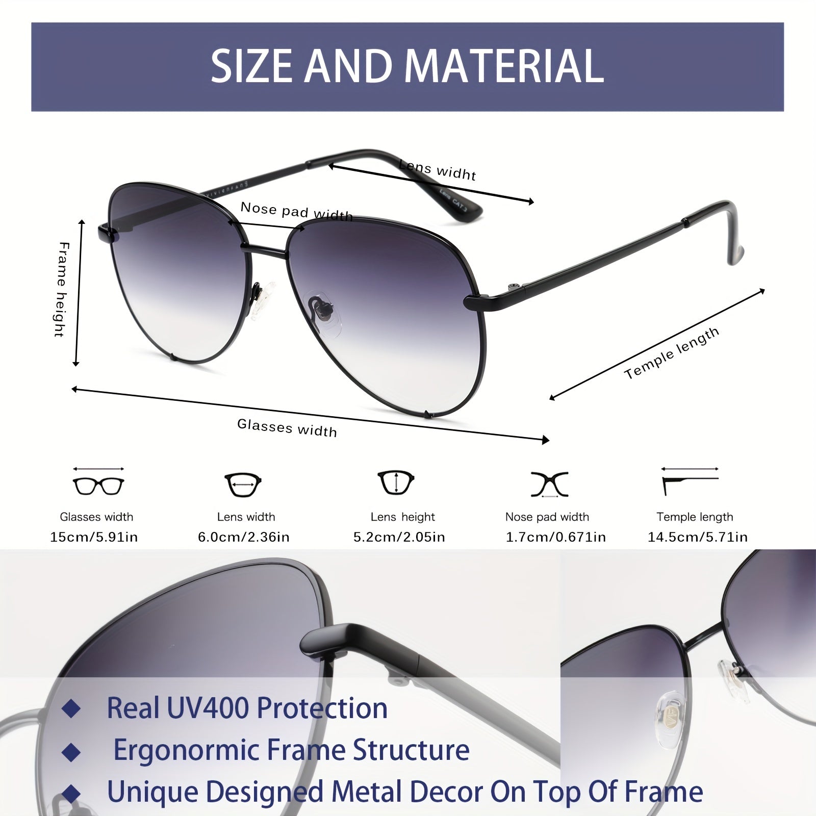 VIVIENFANG Classic Polarized Aviator Sunglasses 61mm UV400 Eye Protection