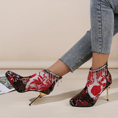 Floral Rhinestone Pendant High Heel Platform Stiletto Heels