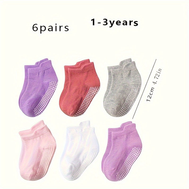6 Pairs Baby Girl's Non Slip Socks Solid Cotton Blend Bottom