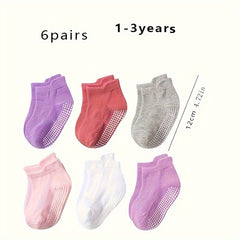 6 Pairs Baby Girl's Non Slip Socks Solid Cotton Blend Bottom