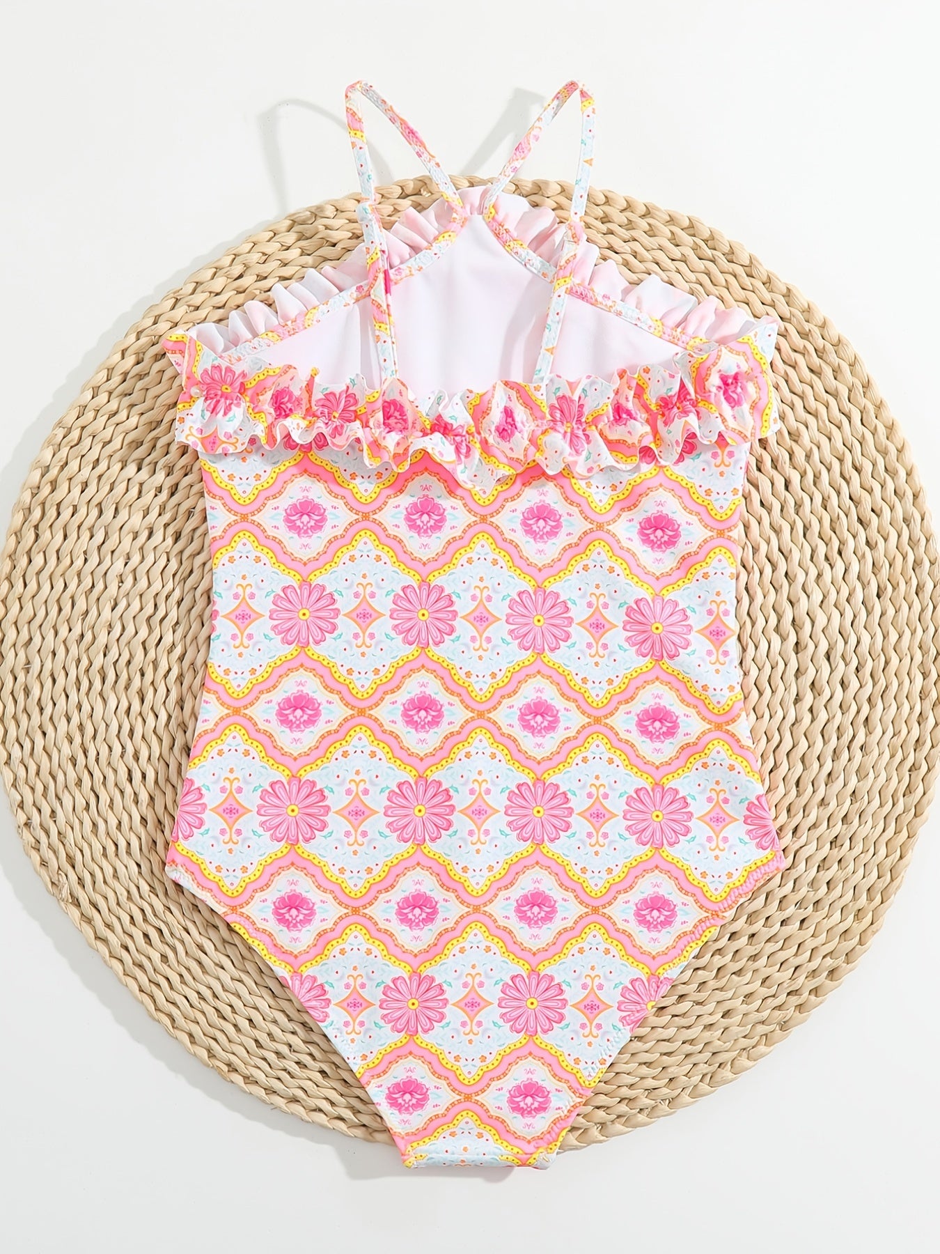 Geometric Floral Print Ruffle Girls Swimsuit Halter Neck