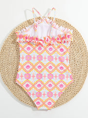 Geometric Floral Print Ruffle Girls Swimsuit Halter Neck