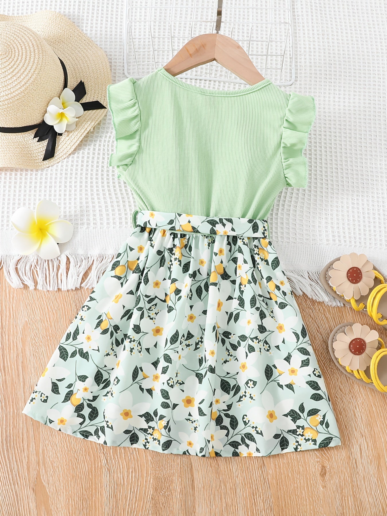 Toddler Girls Ruffled Sleeves Floral Belted Princess Dress
