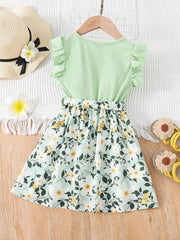 Toddler Girls Ruffled Sleeves Floral Belted Princess Dress