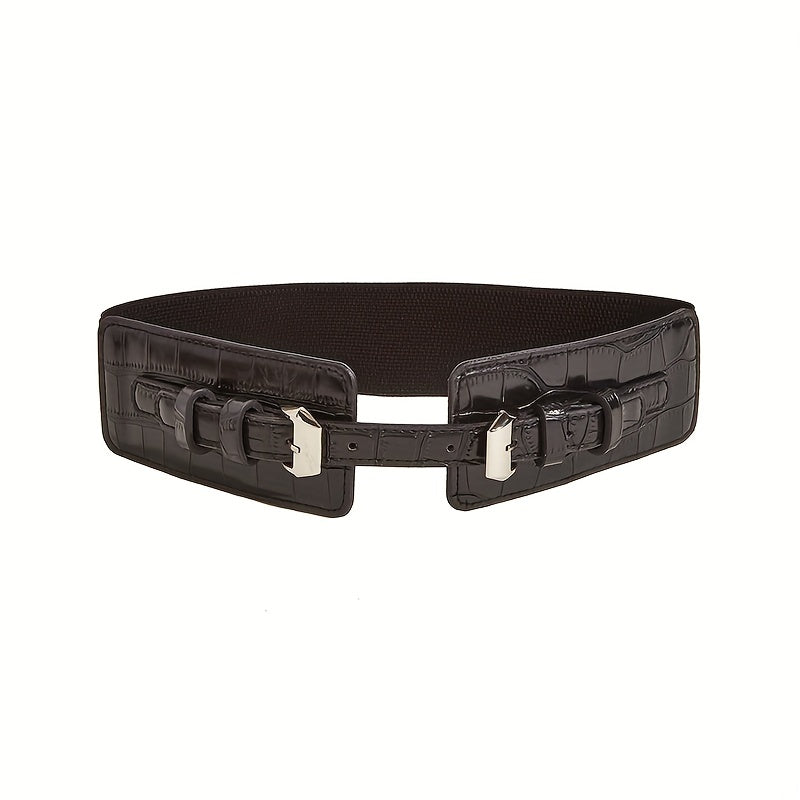 Crocodile Print Double Needle Buckle Elastic Belt Lanyard