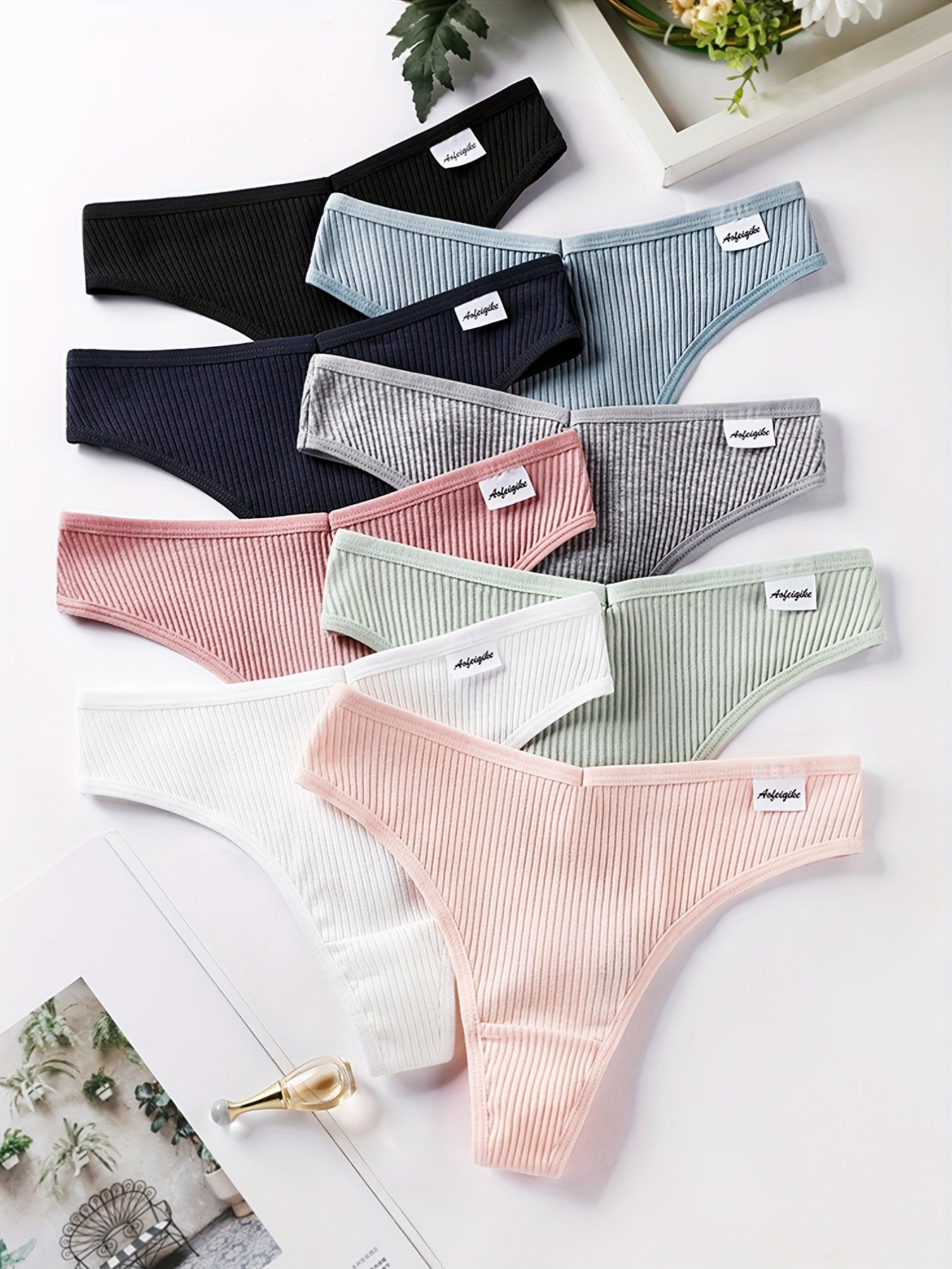 8pcs Seamless Ribbed Thongs Low Waist Panties Women's Lingerie